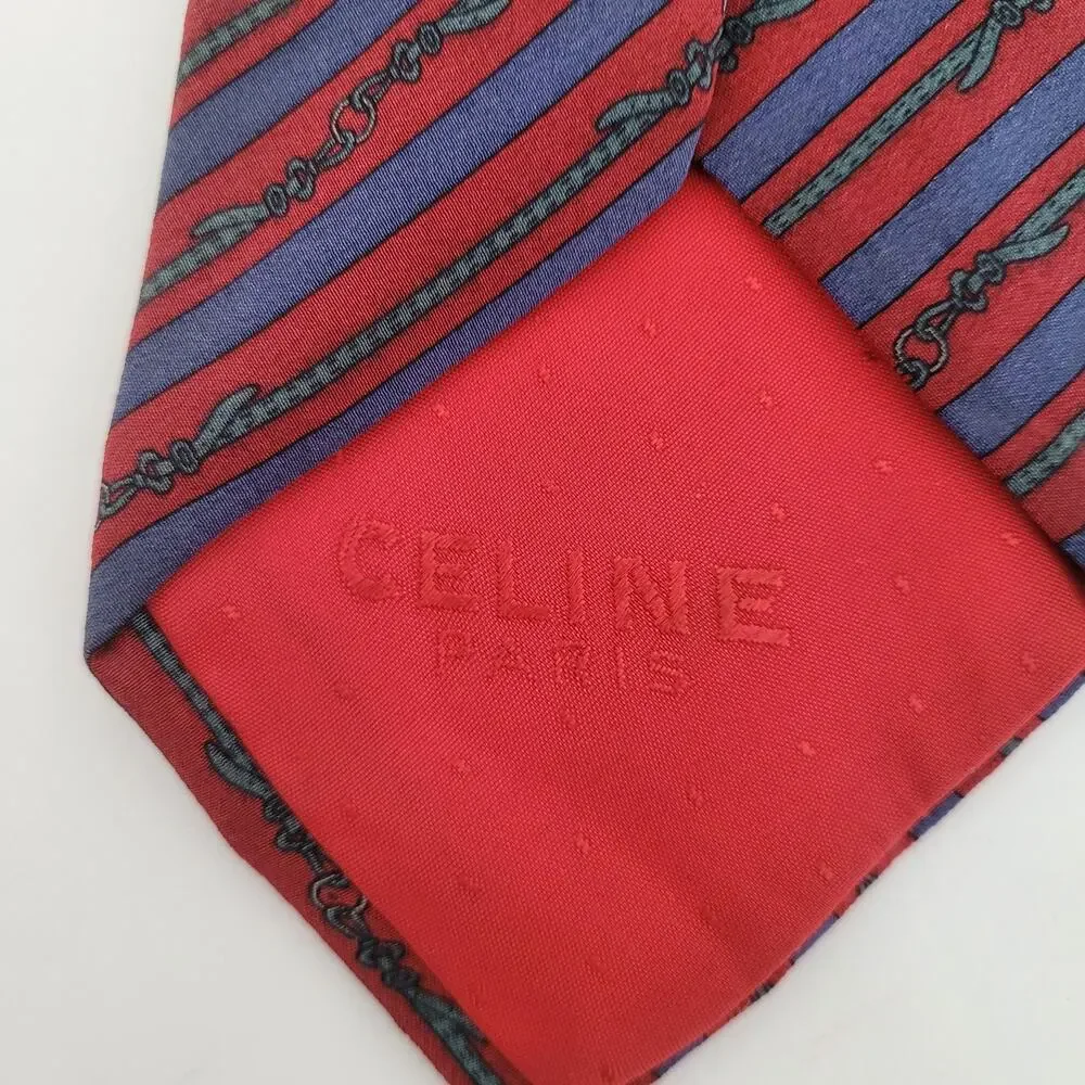 Celine Men's Neck Tie Made In Spain Designer‎ Silk Blue Red Stripped Ropes